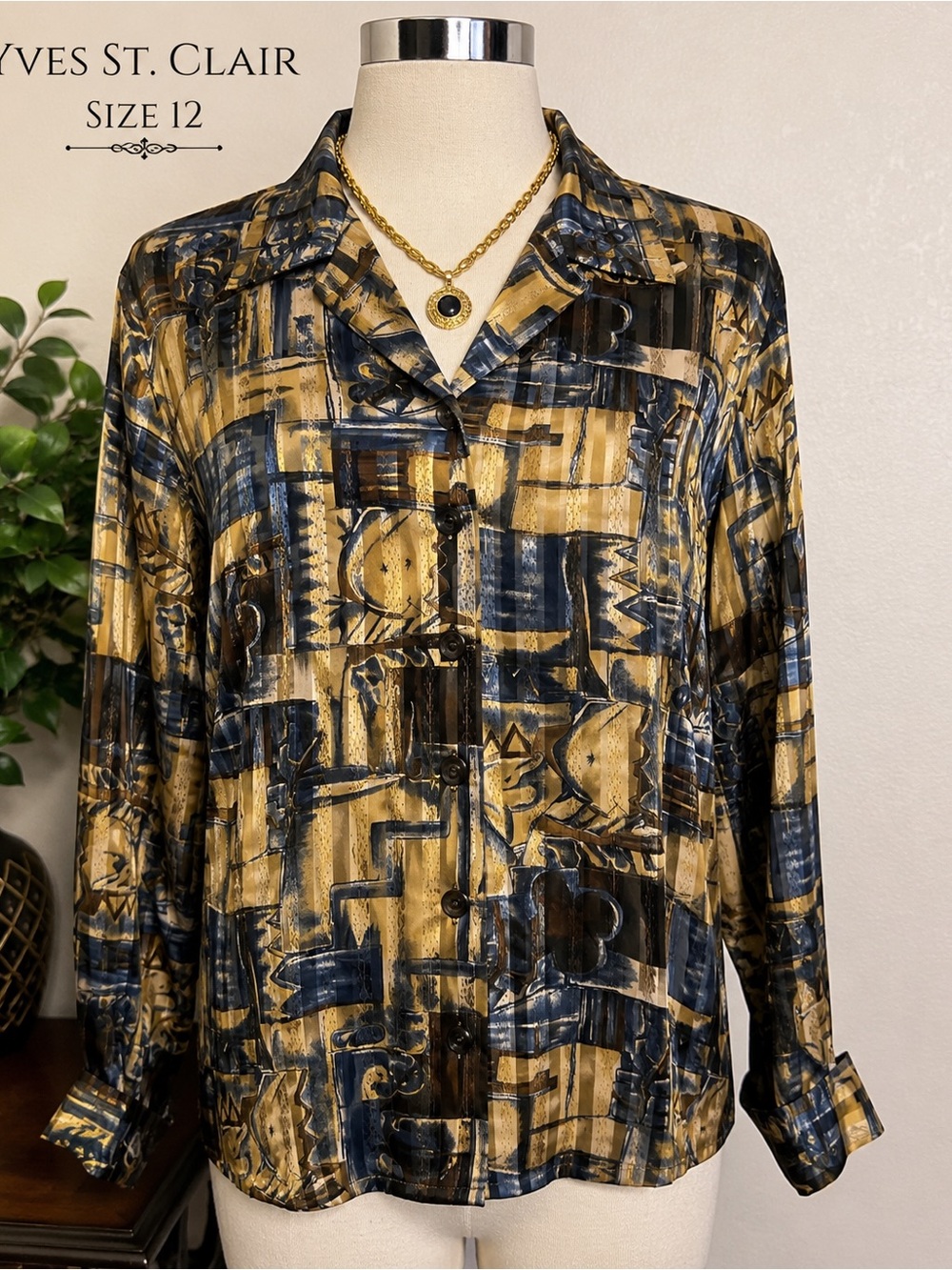 Vintage Yves St. Clair Abstract Geometric Button Front Blouse Size 12✨✨✨